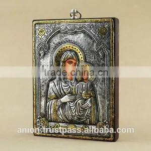 Greek & Russian Orthodox Wooden Icon. Mother God. Hodegetria. Silver. Made in Italy thumbnail-2