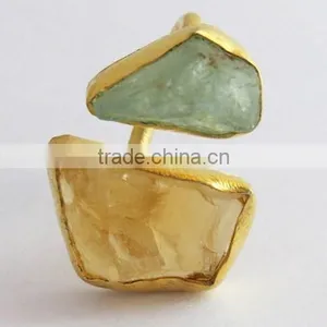 Rough Stone Aquamarine & Ctrine !! 925 Sterling Silver Gold Plated Ring, Silver Jewelry, 925 Silver Jewelry thumbnail-2