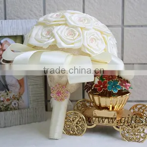 Lovely Satin Roses Bridal / Bridesmaid Bouquets With Lovely Pink Beads and Brooch thumbnail-2