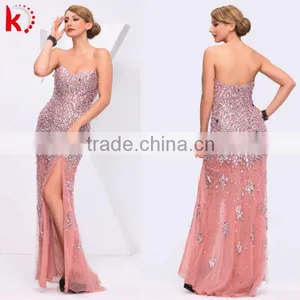 2014 Latest Design Off-shoulder Sexy High Slit Pink Evening Dress Celebrity Evening Dress thumbnail-1
