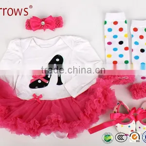 4Pcs Set Baby Newborns 2016 Summer Cotton Long Sleeve Bodysuit High-heeled Shoes Print Ruffles Baby Girl Clothing Sets thumbnail-1