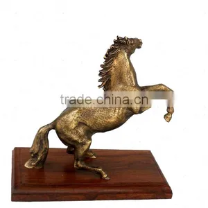 BRASS ANTIQUE BRONZE FINISH JUMPING HORSE STATUE ON WOOD BASE FOR HOME DECORATION thumbnail-1