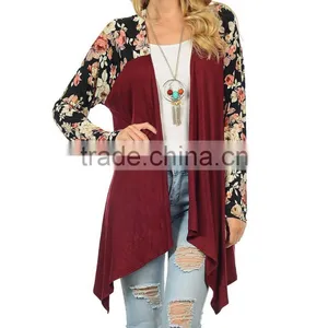 OEM Wholesale Women Fashion Long Sleeve Wine Black Floral Open Cardigan Sweaters thumbnail-2
