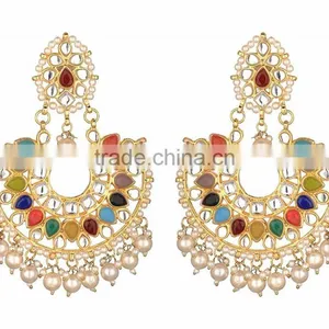 NAVRATAN Kundan Jadau Earring Tikka Gold Plated Chand Bali Set thumbnail-2