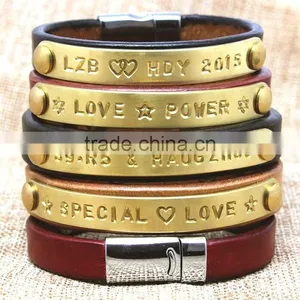 Metal Logo Tag Leather Bracelet Bangle Custom Letter Stamped Charm Leather Bangle Bracelet Promotion Leather Bracelet thumbnail-6