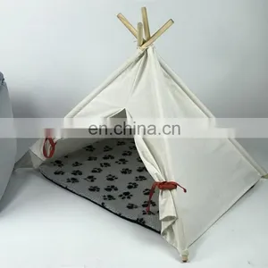 Pet Teepee Tent for Dogs Cats Portable Foldable Cotton Canvas Pets House Bed for Rabbit Puppy 4 Poles Pine Wooden With Floor Whi thumbnail-5