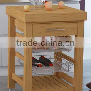 Natural Finish E1 MDF With Wine Rack Wooden Kitchen Trolley Cart thumbnail-1