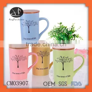 Hot Sale Stoneware Mug With Bamboo Lid,beautiful Tree Design Ceramic Mug With Bamboo Lid and Handle thumbnail-1