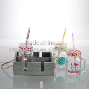 Mason Jars Glass With Lids and Straws Mental Stand With a Wooden Frame thumbnail-2