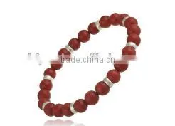 Wholesale 7" Strech Style 8mm Round Red Coral Bracelet With 6mm Silver Tone Spaces thumbnail-1