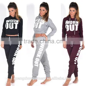 NEW LADIES WORK OUT SLOGAN TRACKSUIT CROP HOODIE JOGGERS SET GYM SUIT thumbnail-1