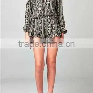 2014 Long Loose Sleeve Print Pattern Casual Wrap Ruffle Romper Jumpsuit for American Street Women thumbnail-2