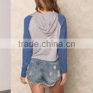 MGOO 2017 New Designs Navy Blue And Grey Raglan Sleeves Cropped Knit Hoodies Tops 180g 100% Cotton Jersey Plain thumbnail-6