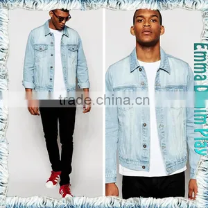 2016 Men's Dipped Bleach Washed Twill Blue Denim Jacket With Metal Button thumbnail-4