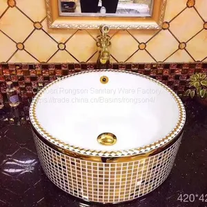 Chinese Bathroom Wash Oval Gold Plated Art Basin Ceramic High Quality Modern Countertop Art Wash Basin Sink in Hotel thumbnail-5