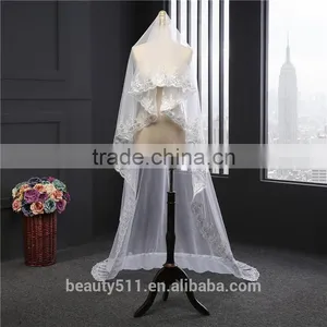 2017 Wholesale New Long Tulle Wedding Bridal Veils TwoTiers Tulle Cathedral Bridal Veils thumbnail-5