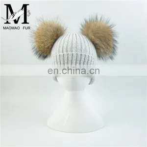 Kids Removable Fur Bobble Hat Winter Double Pom Pom Hat Crochet Kids Hat thumbnail-4