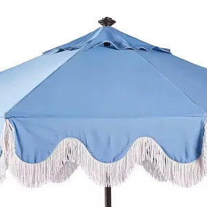 Customized Logo 7FT Luxury Tassel Fringe Beach Umbrellas Wholesale Outdoor Patio Umbrella Aluminum Pole Tilt Mechanism Hand-cranked Model thumbnail-4