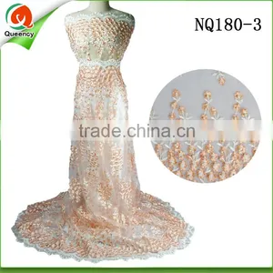 NQ180-7 Orange Nigeria Fabric Tulle Net Lace Fabric With Pearls thumbnail-2