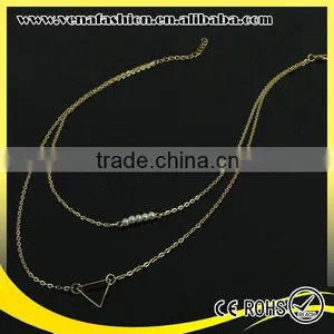 Double Layers Thin Simple Gold Long Chain Pearl Necklace thumbnail-2