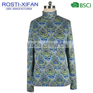 Fashion Design Lady Flowers Printed Turtleneck Top Blouse Elastic Fabric thumbnail-1