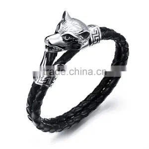 Men Stainless Steel Wolf Bracelet , Braided Black Leather Bracelet thumbnail-1