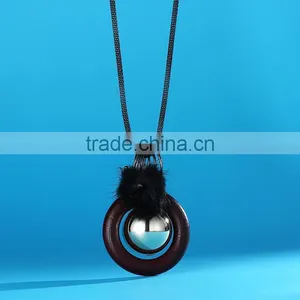 Silver Ball Wood Hoop Pompon Pendant Necklace Korea Retro Long Sweater Necklace Autumn Geometric Necklace thumbnail-6