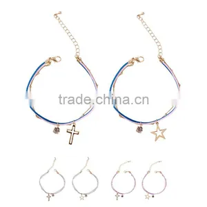 Gold Cross Star Zircon Charms Bracelet Layered Colorful Silk Cord Gold Chain Bracelet thumbnail-1