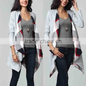 OEM Latest Ladies Women Fashion Long Sleeve Gray French Terry & Plaid Lined Drape Cardigan Sweaters Wholesale thumbnail-1