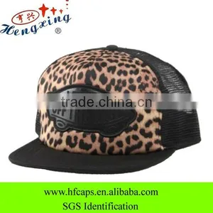 Leopard and Leather Patch Snapback Trucker Hats Custom Flat Brim Snapback Trucker Mesh Hats thumbnail-1