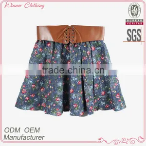2016 Latest Design Floral Print Leather Waist Beautiful Girls In Short Skirts thumbnail-1