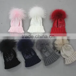 Myfur Navy Knitting Beanie Hat With Stones Real Raccoon Fur Ball Top For Teenager Boys thumbnail-6