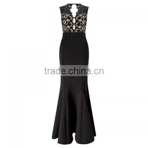2017women Clothing Manufacturers Guangzhou Evening Dress Supplier Hollow Lace Patchwork Black Dress Evening thumbnail-2