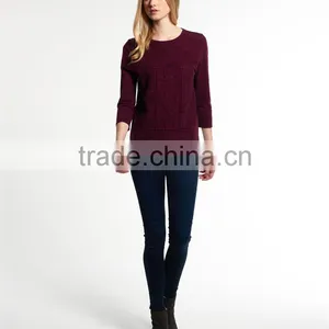 2017 Hot Selling Guangzhou Shandao New Style Women Autumn Casual Wine Red 3/4 Sleeve Round Neck Embroidered Rayon Tops thumbnail-6