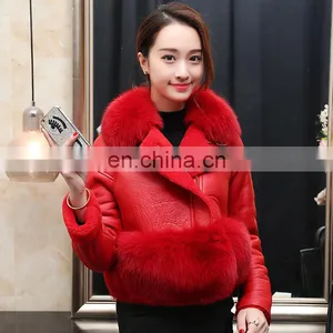 Korean Style High Quality Clothing Winter Women Leather Jacket With Fox Fur Collar thumbnail-1