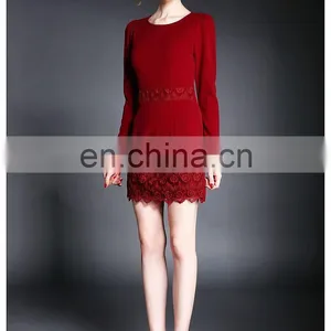High Quality Ladies Maroon Dress With Lace Trim, Long Sleeve Fashion Autumn Dress thumbnail-4