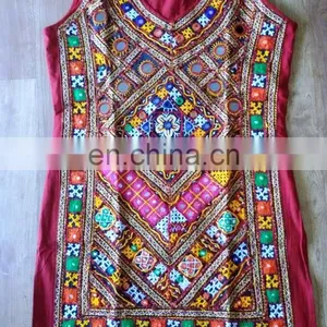 Hot Traditional Exclusive Creation Unique Beautiful Design Pom Pom Border Kutch Colorful Pakkowork Handmade Embroidered Kurti thumbnail-2