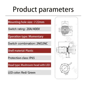 Ip65 22mm Mushroom Head Dot Illumination 24v 1no 1nc Stop Start Push Button Switch Momentary thumbnail-2