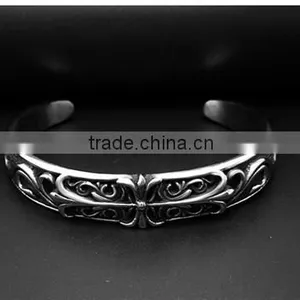 C Shape Antique Silver Vintage Engraved Stainless Steel Bangles thumbnail-3