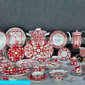 Traditional Chinese Paper-cutting Design Joyous Red Color Bone China Dinnerware Set thumbnail-1