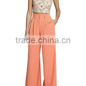 2015 Wholesale Women Office Slim Ladies Plain Color Pleated Loose High Waist Wide Leg Long Pants thumbnail-1