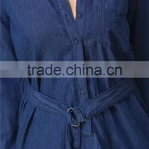 Fashionable Hot Sale Factory Price Long Sleeve With Waist Belt Women Denim Dress thumbnail-6