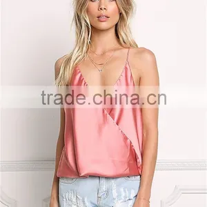 MGOO Foshan Factory Made Pink Satin Cami Sleeveless Strap Girls V Neck Summer Tops Women Blouses thumbnail-2