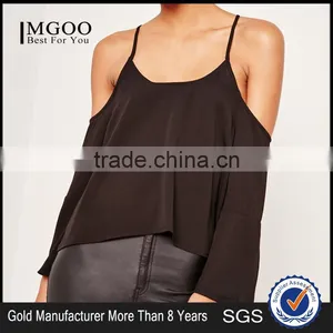 MGOO 2017 Chiffon Cold Shoulder Blouse Long Sleeves Shirts Blouses Polyester Spandex Black Loose Style thumbnail-1