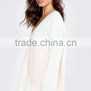 Women V Neck Pullover Knitting Pattern White Tops thumbnail-3