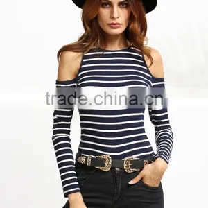 APPAREL Navy Striped Open Shoulder Ribbed T-shirt thumbnail-1