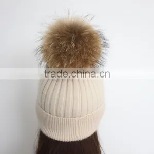 Myfur Wholesale Classic Beige Angola Rabbit Custom Knitted Pom Beanie Hat With Fur Pom thumbnail-3