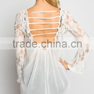 Beautiful Lace Front Long Sleeve Lower Back Lace Blouse thumbnail-6