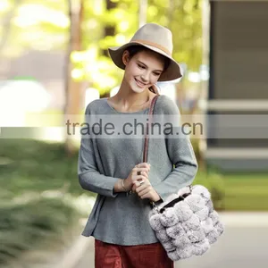100% Real Rabbit Woman Bucket Handbag Rabbit Fur Ball Ladies Shoulder Bag thumbnail-1