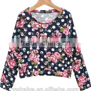Royal Blue Long Sleeve Floral Dot Crop Blouse thumbnail-1